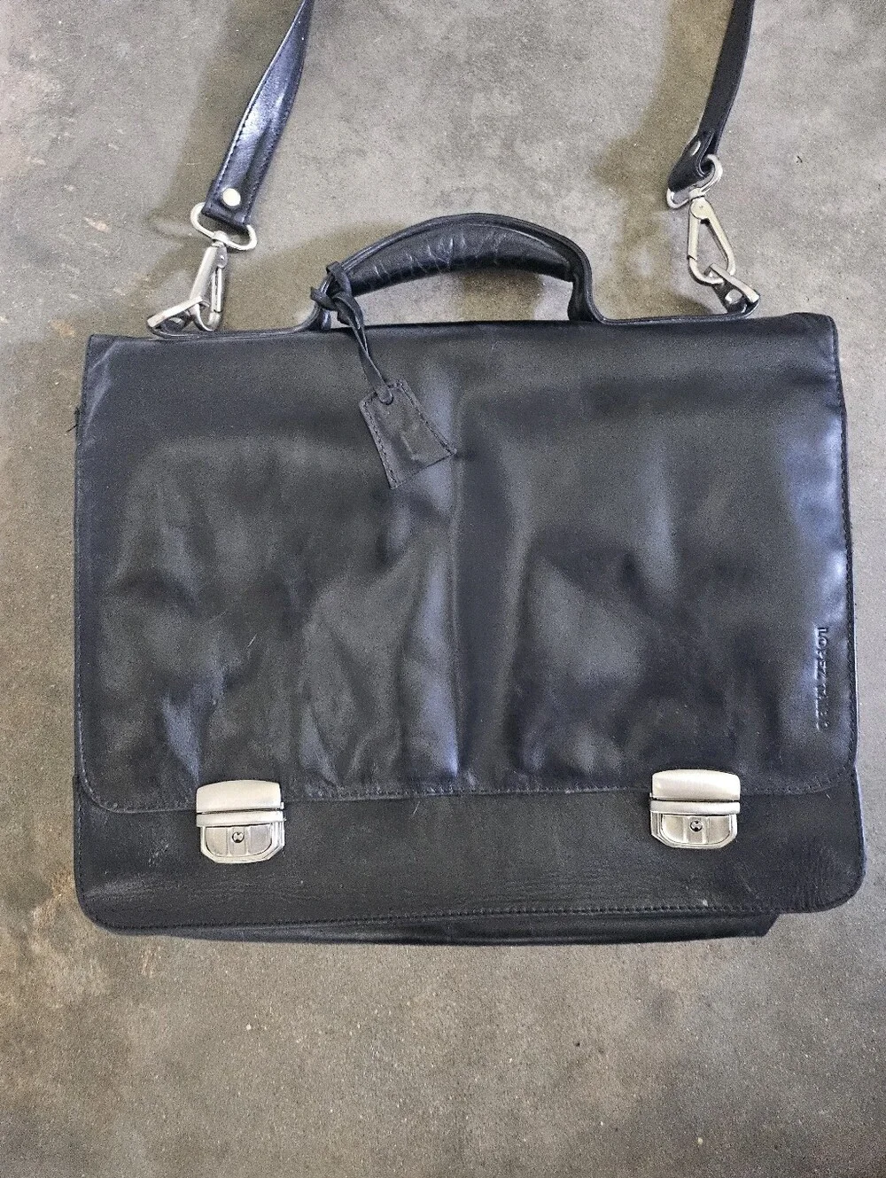 Lopez Taibo Soft Black Leather Briefcase 16x12 Men's Business Travel Bag - Strap